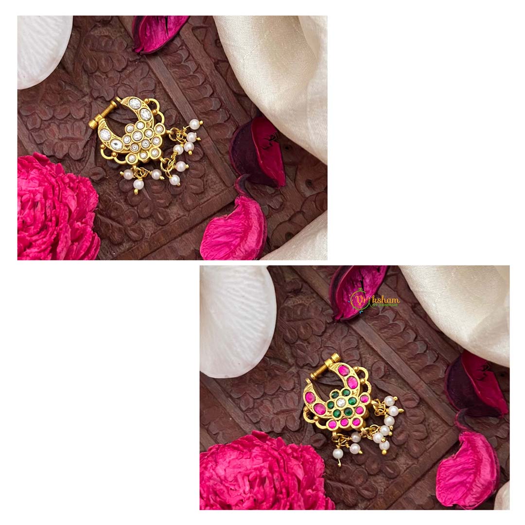 Vriksham Traditional South Indian Floral Kemp Green Red & White Reversible Kundan Jadau Press Naths/Nose Pin-Pearls-J4096