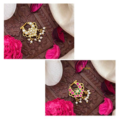 Vriksham Traditional South Indian Floral Kemp Green Red & White Reversible Kundan Jadau Press Naths/Nose Pin-Pearls-J4096