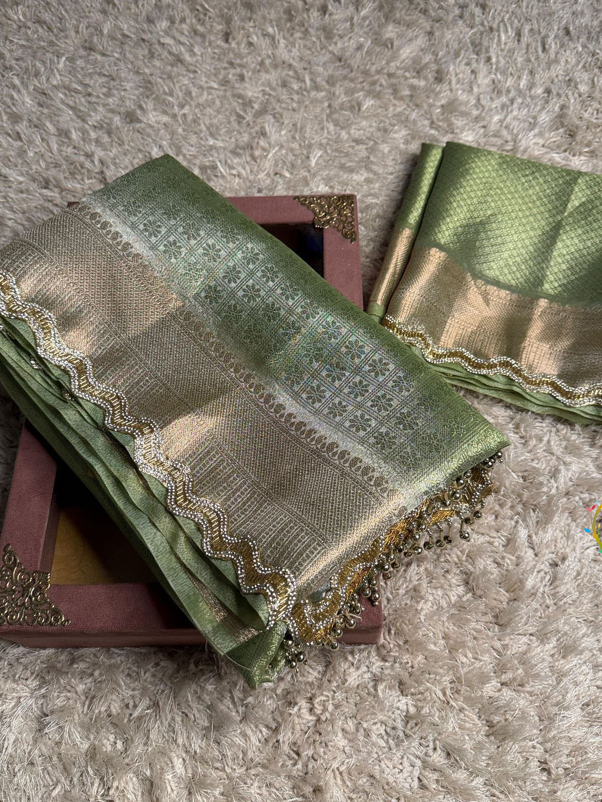 Vriksham Pista Green Katan Tanchoi  Silk With lace Saree-VS4480