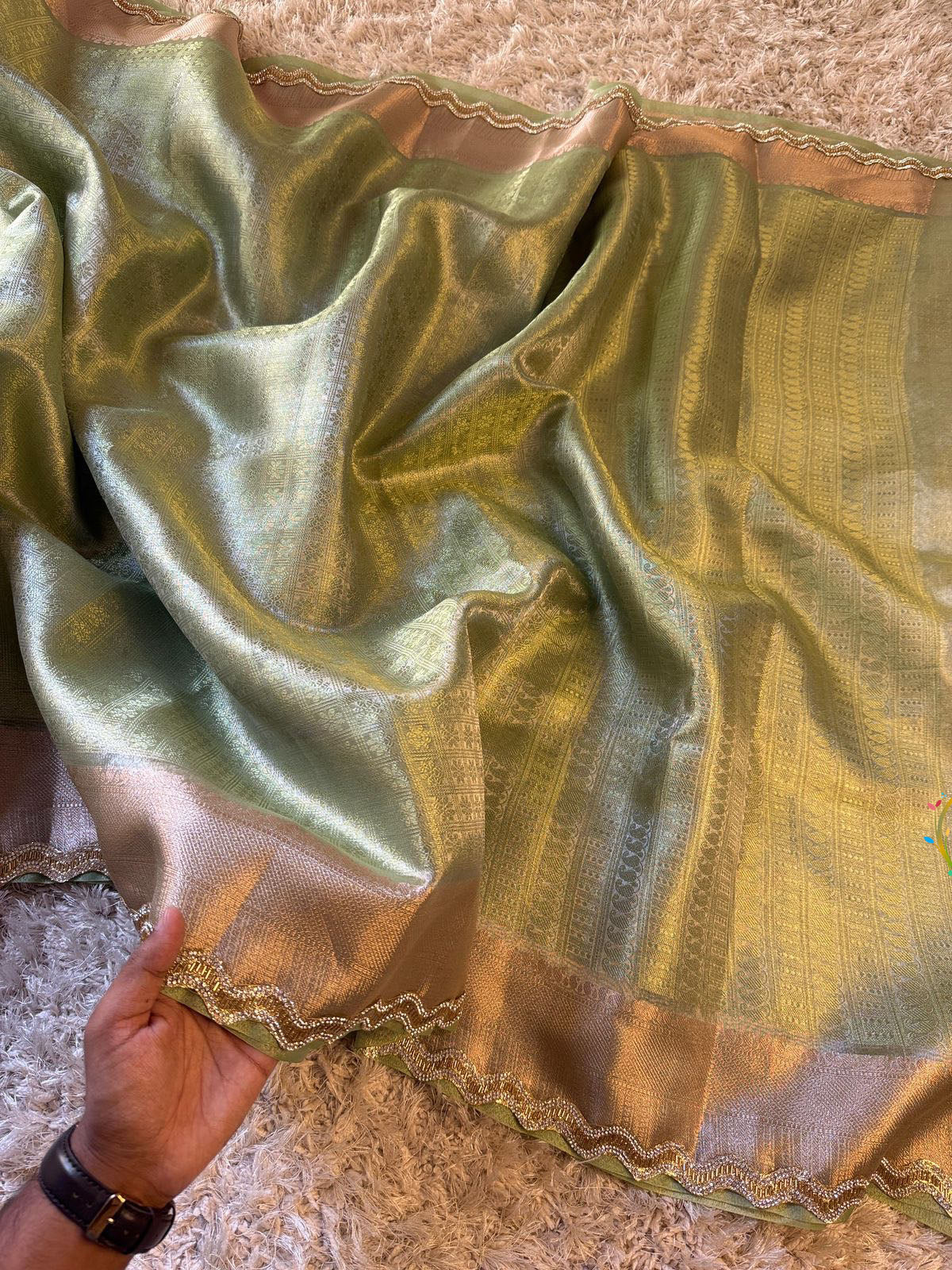 Vriksham Pista Green Katan Tanchoi  Silk With lace Saree-VS4480