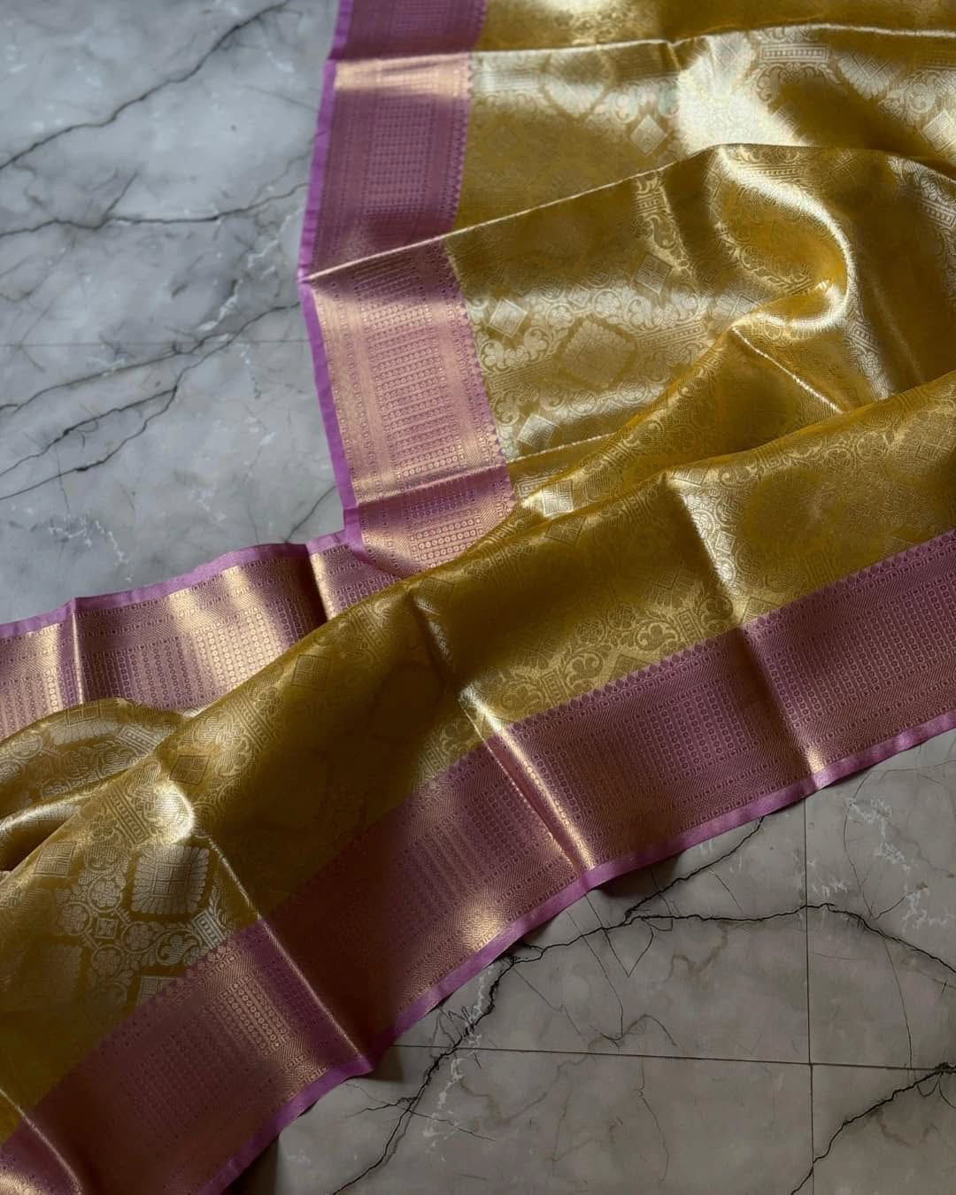 Vriksham Golden Yellow Tanchoi Tissue Silk Saree-VS4496