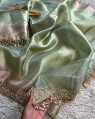 Vriksham Pista With Pearl Lace Katan Tanchoi Tissue Saree-VS4501
