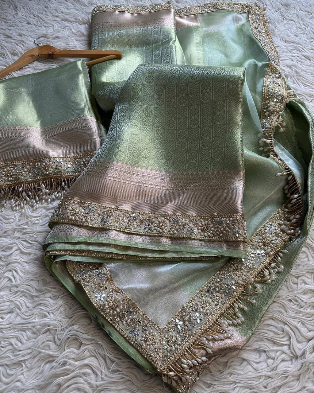 Vriksham Pista With Pearl Lace Katan Tanchoi Tissue Saree-VS4501