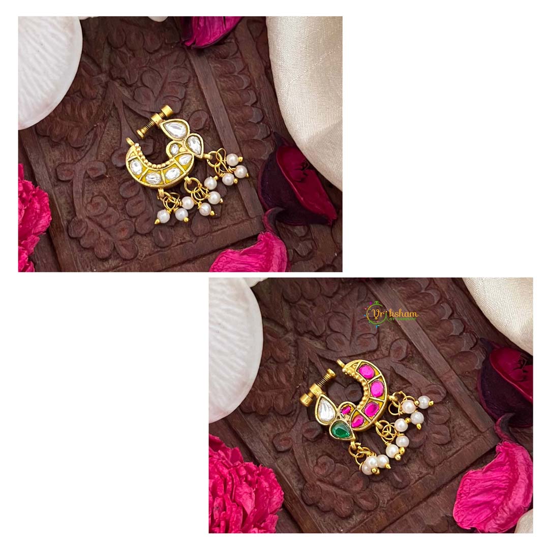 Vriksham Elegant Leaf Green Red & White Reversible Kundan Jadau Press Naths/Nose Pin-Pearls-J4097