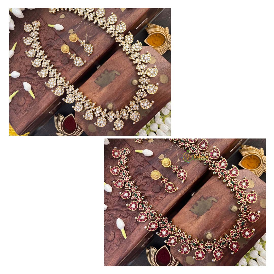 Vriksham  Elegant Manga Reversible Kundan Jadau Long Neckpiece-Red Green & White-Green Bead-J4119