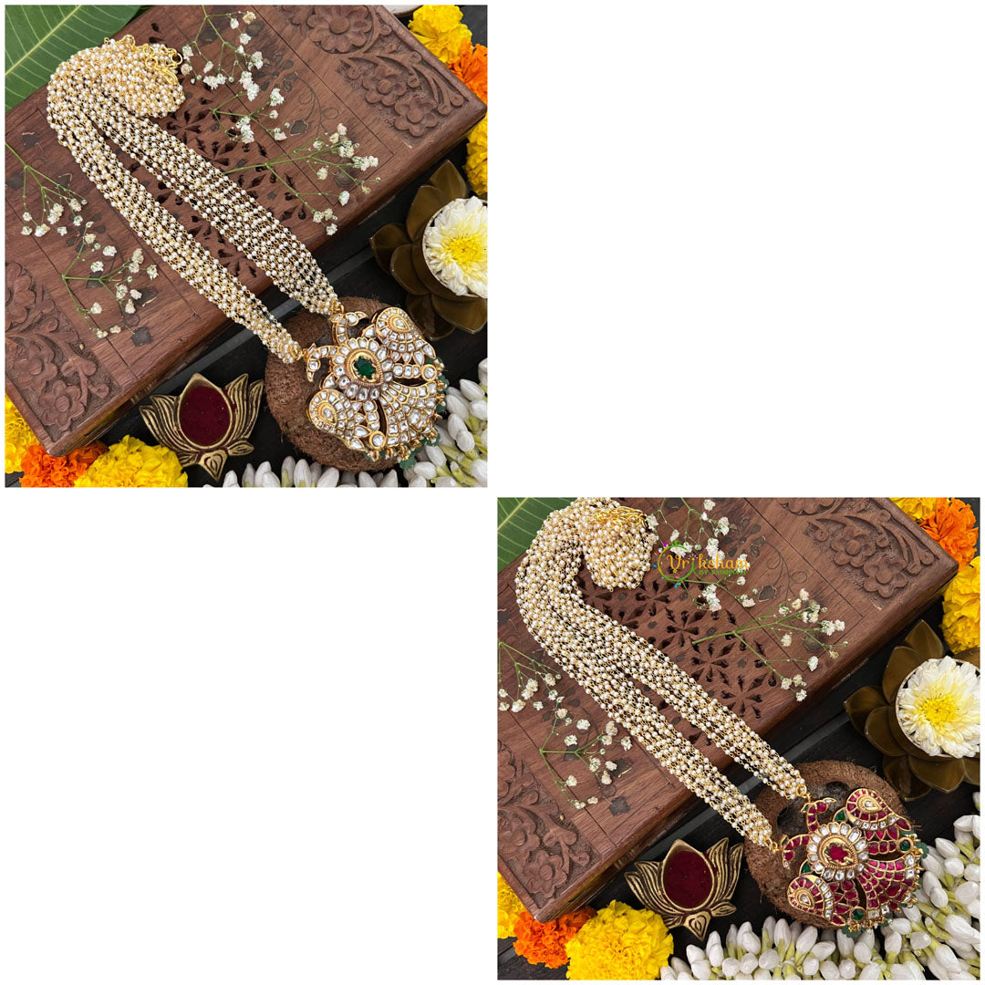 Vriksham Dual Peacock Reversible Pendant Jadau Kundan Layered Mala- Aqua Green Beads-J3283