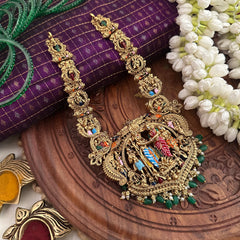 Vriksham Classic  Antique Gold Perumal Kalynam Short Neckpiece-Green Bead & Pearls-G22335