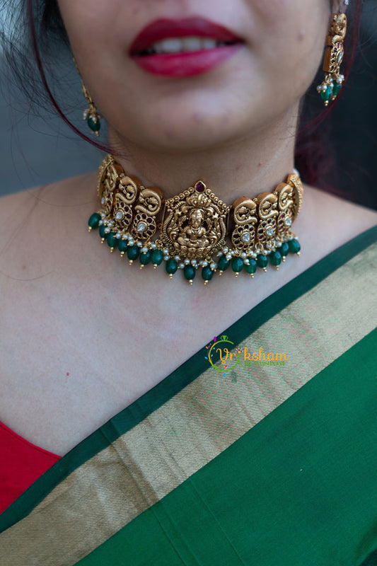 Premium Lakshmi High Neck Choker -Green bead -G1571