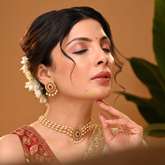  Gold look alike Pearl High Neck Choker-Tilak-Red Green-G7292