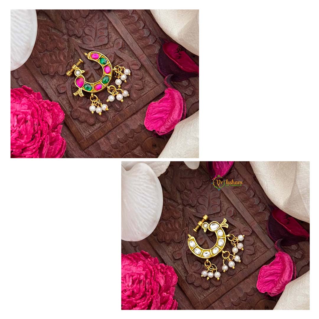 Vriksham Peacock Feather Style Green Red & White Reversible Kundan Jadau Press Naths/Nose Pin-J4095