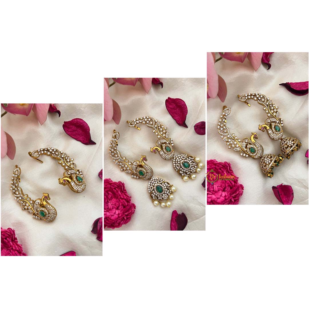Vriksham Royal Peacock CZ & Emerald Ear Cuff with Matching Earrings With Ear Cuffs-G21427