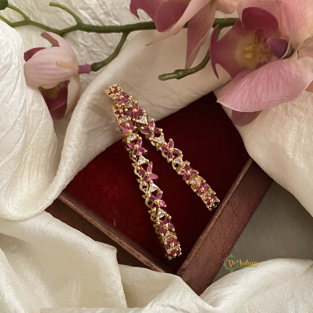 Premium Gold Look Alike AD Stone Bangle Set - Red Floral Bangles - G11956