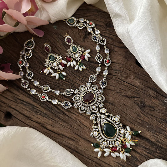 2 Layer Victorian Diamond Long Neckpiece -Red Green-Rice Pearls-VV1426