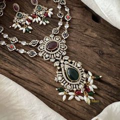 2 Layer Victorian Diamond Long Neckpiece -Red Green-Rice Pearls-VV1426