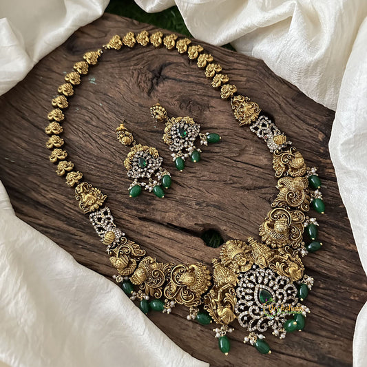 Antique Gold Alike Victorian Diamond Long Neckpiece -Green Beads-VV1438