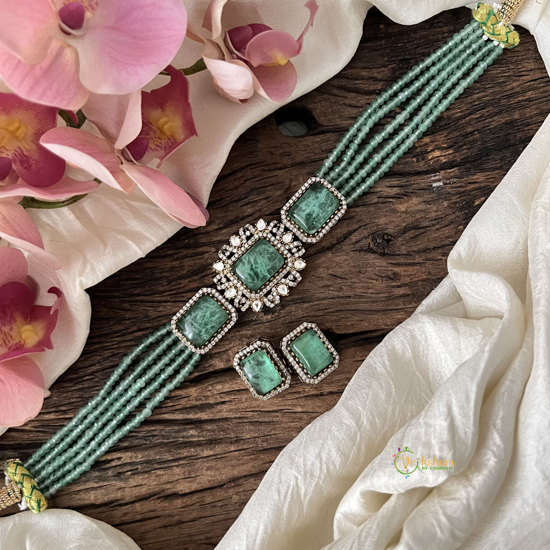 Elegant 5 Layer Victorian Diamond Choker-Rectangle-Aqua Green Beads-VV1562