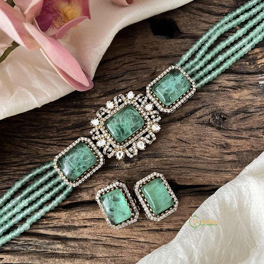 Elegant 5 Layer Victorian Diamond Choker-Rectangle-Aqua Green Beads-VV1562