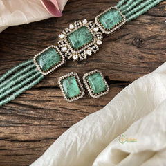 Elegant 5 Layer Victorian Diamond Choker-Rectangle-Aqua Green Beads-VV1562