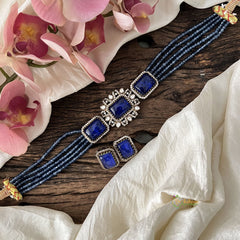 Elegant 5 Layer Victorian Diamond Choker-Rectangle-Royal Blue Beads-VV1566