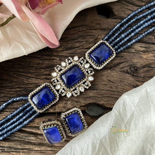 Elegant 5 Layer Victorian Diamond Choker-Rectangle-Royal Blue Beads-VV1566