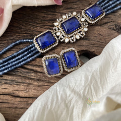 Elegant 5 Layer Victorian Diamond Choker-Rectangle-Royal Blue Beads-VV1566