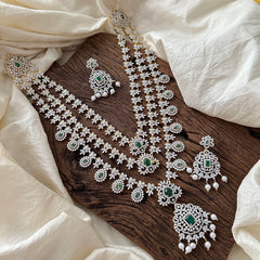 Bridal 3 Layer American Diamond Neckpiece-Green-Pearl-G14076