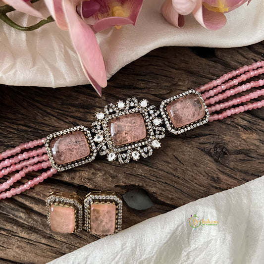 Elegant 5 Layer Victorian Diamond Choker-Rectangle-Pastel Pink Beads-VV1563