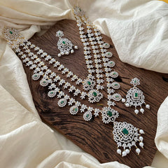 Bridal 3 Layer American Diamond Neckpiece-Green-Pearl-G14076