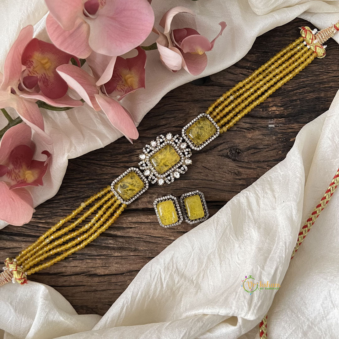 Elegant 5 Layer Victorian Diamond Choker-Rectangle-Yellow Beads-VV1560