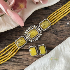 Elegant 5 Layer Victorian Diamond Choker-Rectangle-Yellow Beads-VV1560