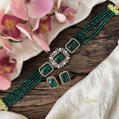 Elegant 5 Layer Victorian Diamond Choker-Rectangle-Dark Green Beads-VV1565