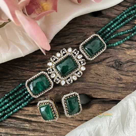 Elegant 5 Layer Victorian Diamond Choker-Rectangle-Dark Green Beads-VV1565