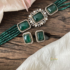 Elegant 5 Layer Victorian Diamond Choker-Rectangle-Dark Green Beads-VV1565