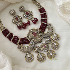 Royal Multilayer Victorian Diamond Pendant Choker-Maroon Beads-VV1585