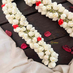 Vriksham Flower Classic Pink Mullai Poo Gajra & Red Rose Flower Accessories With Hair Clip-KH1262