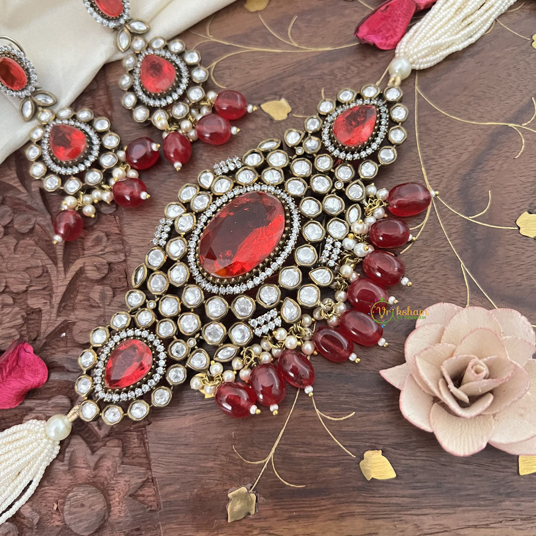 Pearl Victorian Diamond High Neck Choker-RED-VV002