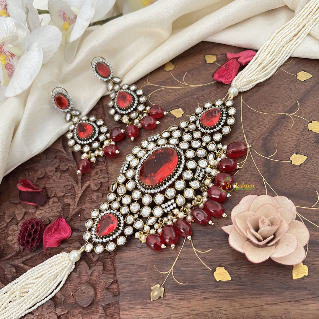 Pearl Victorian Diamond High Neck Choker-RED-VV002