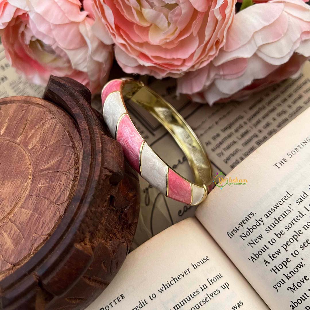 Vriksham Pink & White Candy Stripe & Gold-Tone Spiral Pattern Enamel Openable Kada Bangle-G21849