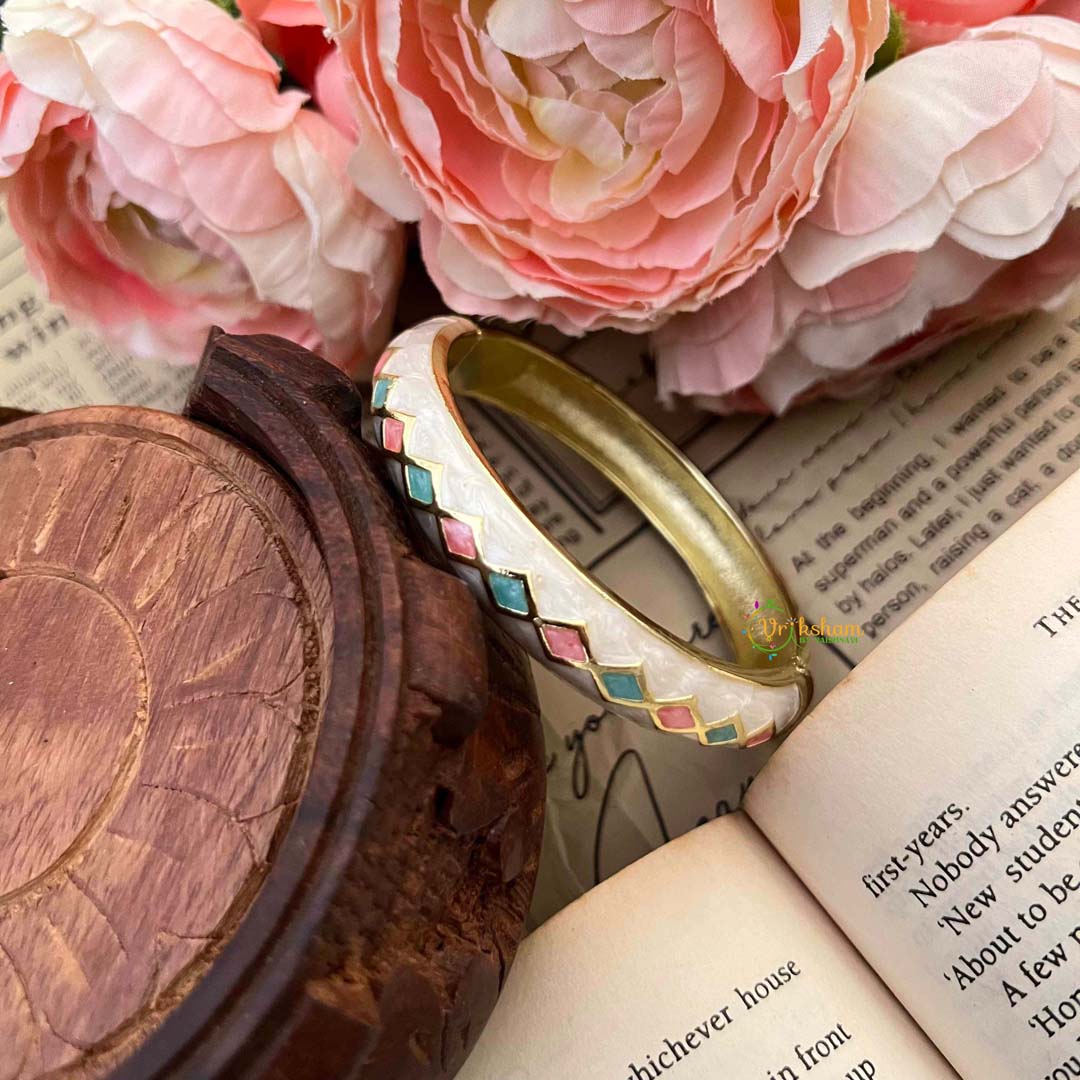 Vriksham Harlequin Diamond Pastel Cream Gold-Plated Enamel Openable Kada Bangle-G21854