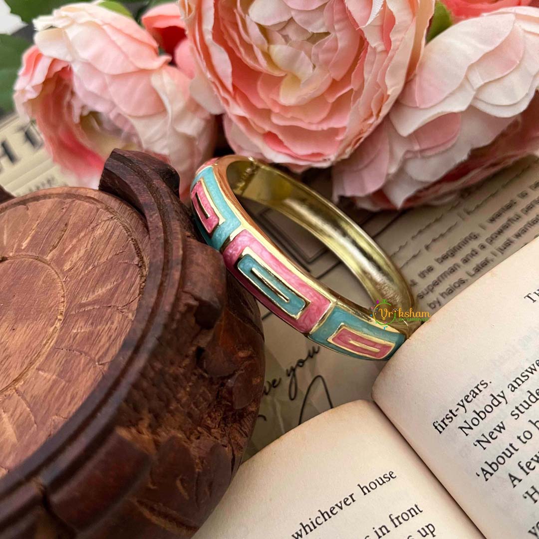 Vriksham Classic Square Design With Pink & Aqua Blue Enamel Openable Kada Bangle-G21846