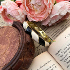 Vriksham Black & White Candy Stripe & Gold-Tone Spiral Pattern Enamel Openable Kada Bangle-G21850