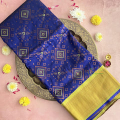 Navy Blue With Light Green Border Bandhani Semi Soft Silk Paithani Saree-VS4136