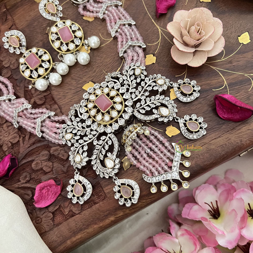 Unique Designer Multilayer Victorian Diamond Short Neckpiece-Pastel Pink Beads-VV1583