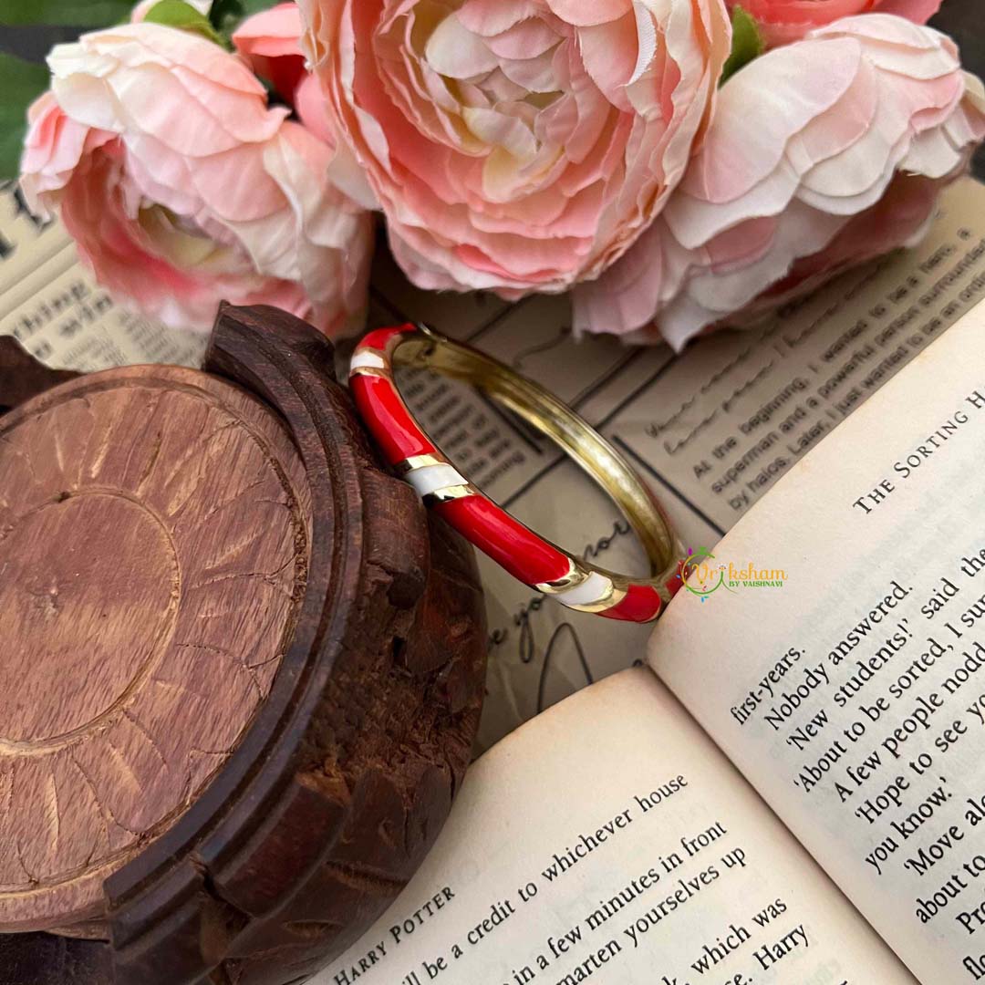 Vriksham Nautical & Cherry Red & White Gold-Plated Striped Enamel Openable Kada Bangle-G21855