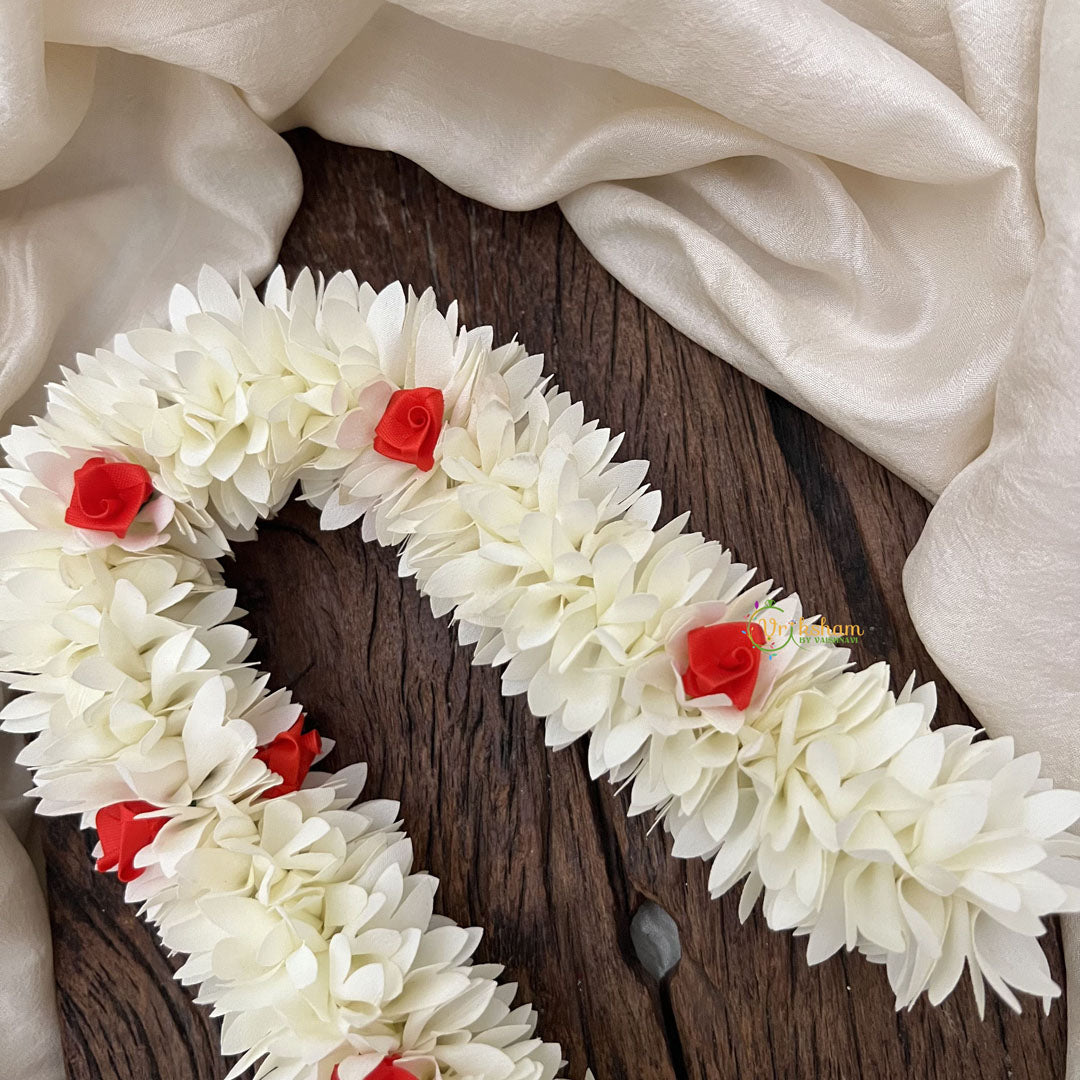Vriksham Artificial White Gajra Veni With Red Rose for Hair Accessories-HF-H1105