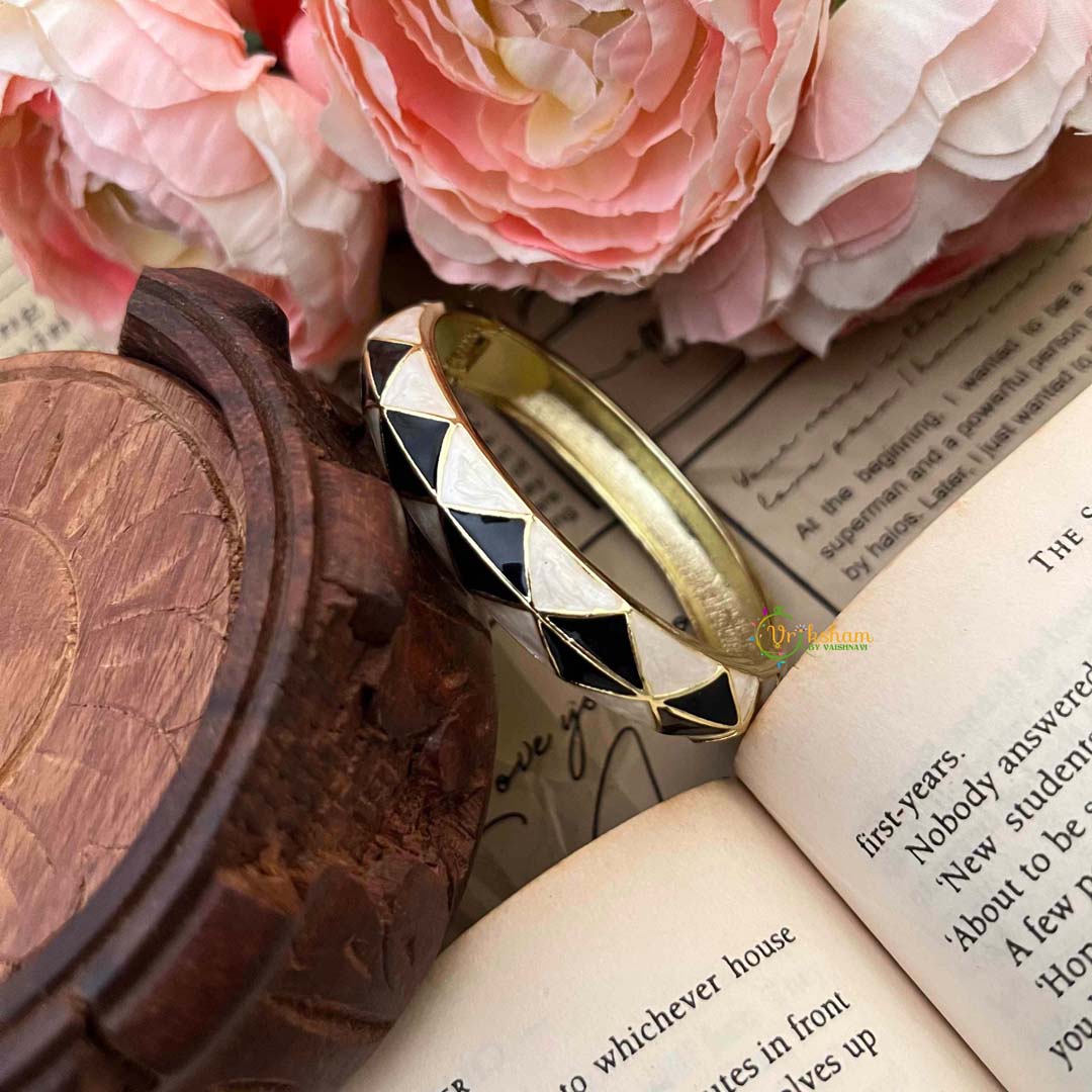 Vriksham Monochrome Black Diamond Motif Brass With Gold-Toned Trim Enamel Openable Kada Bangle-G21864