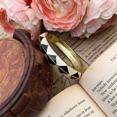 Vriksham Monochrome Black Diamond Motif Brass With Gold-Toned Trim Enamel Openable Kada Bangle-G21864