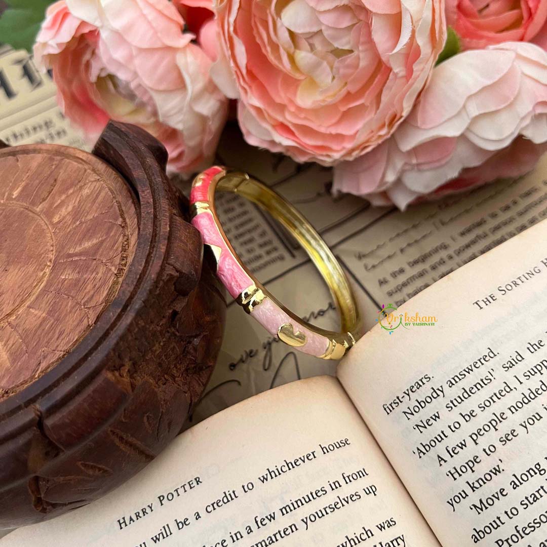 Vriksham Pink Enamel Gold-Toned Heart Enamel Openable Kada Bangle-G21863