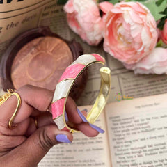 Vriksham Pink & White Candy Stripe & Gold-Tone Spiral Pattern Enamel Openable Kada Bangle-G21849