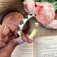 Vriksham Monochrome Black Diamond Motif Brass With Gold-Toned Trim Enamel Openable Kada Bangle-G21864
